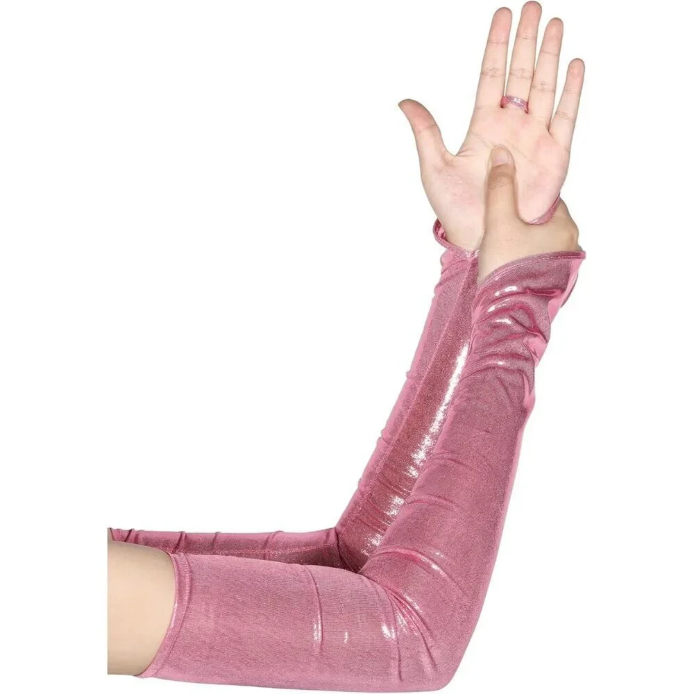 Women's Pink Shiny Elastic Satin Rave Fingerless Long Gloves Party Costume